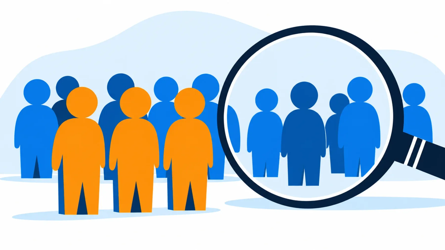 Flat illustration of a magnifying glass highlighting a group of blue and orange human figures