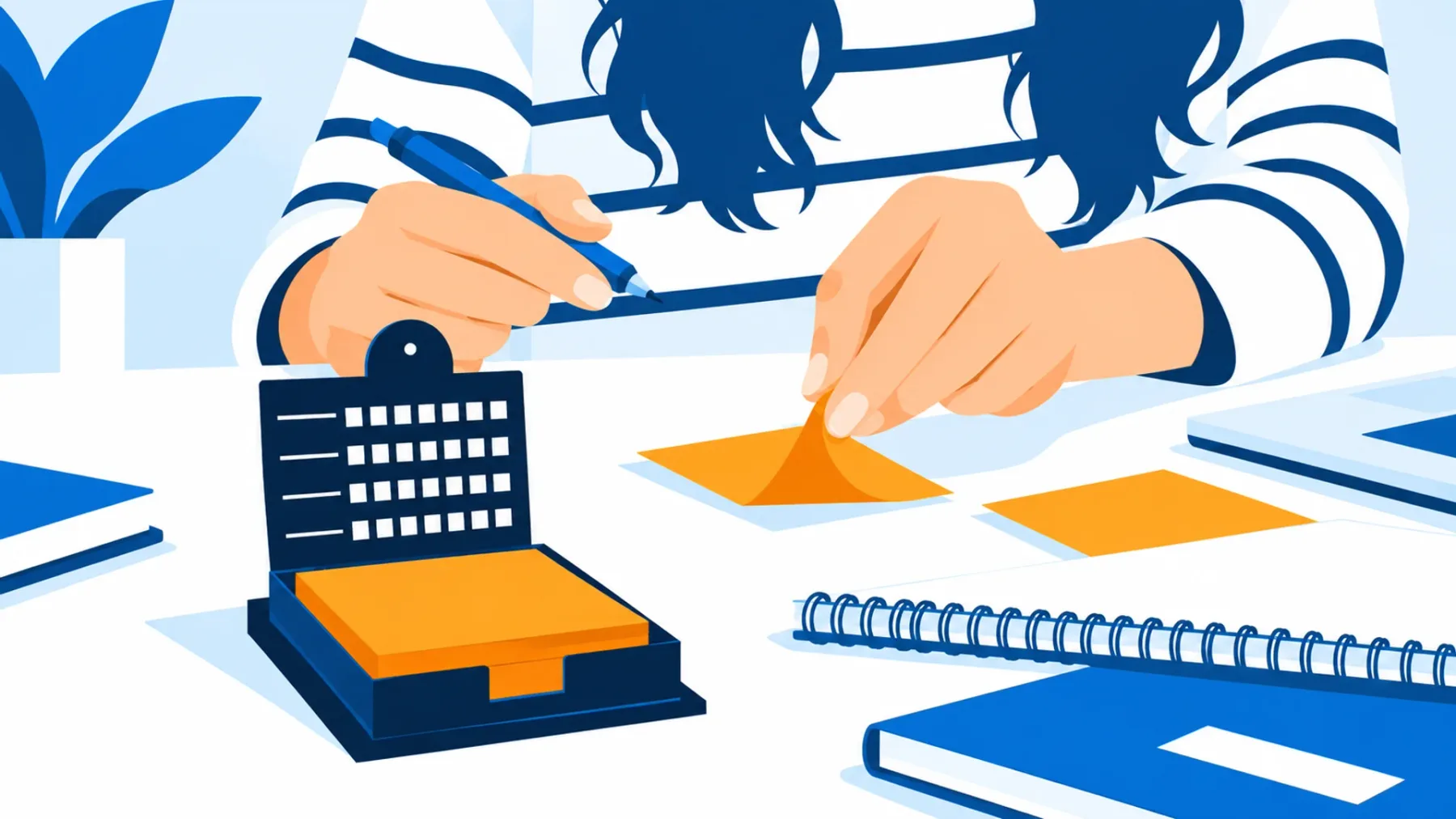 Flat illustration of hands arranging orange sticky notes beside a dispenser and spiral notebooks
