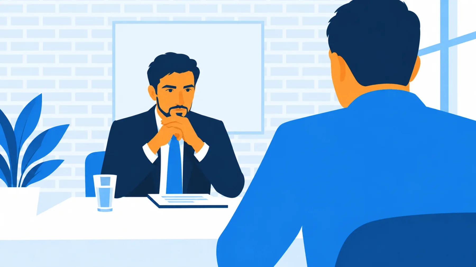 Flat illustration of a recruiter with clasped hands listening to a candidate across a desk