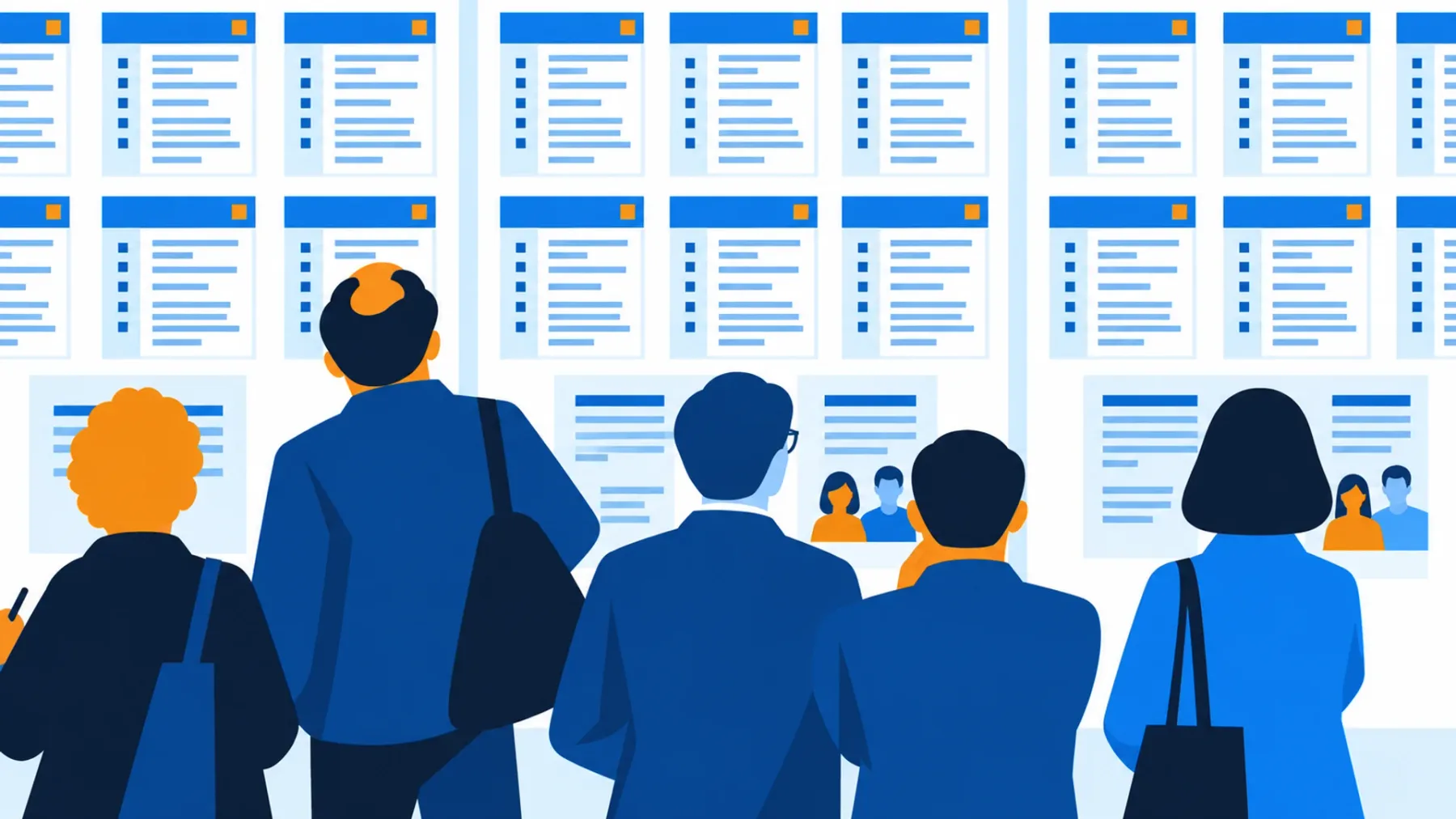 Flat illustration of five job seekers reading a wall of posted vacancies at a career fair